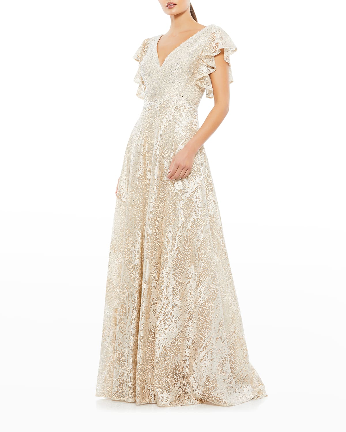 Mac Duggal Ruffle Sleeve Beaded Lace A Line Gown In Ivory Nude ModeSens