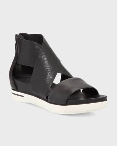 Eileen Fisher Sport Wide-Strap Leather Sandals, Black