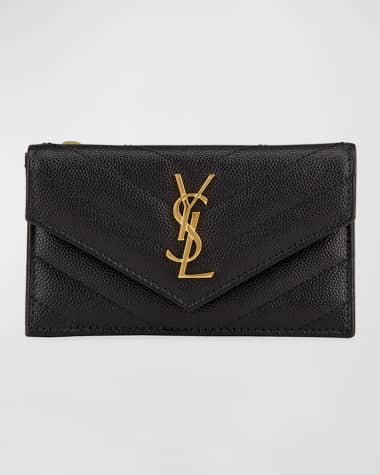 Saint Laurent YSL Monogram Ziptop Flap Card Case in Grained Leather