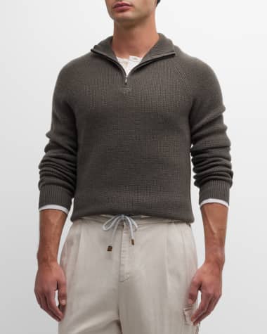 Neiman Marcus Cashmere Collection Men's Cashmere Waffle Knit Quarter-Zip Sweater