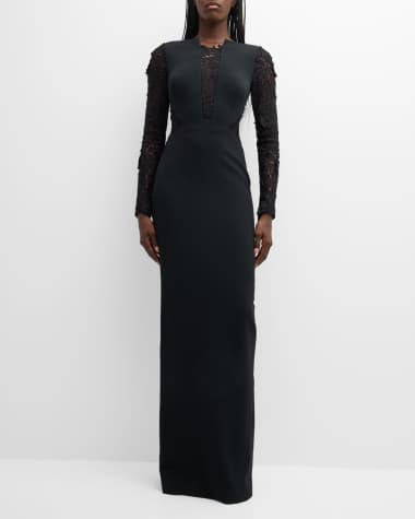 Pamella Roland Black Crepe Gown with Lace Panels and Sleeves
