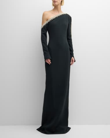 Pamella Roland Pearlescent Beaded Fringe One-Shoulder Long-Sleeve Crepe Gown