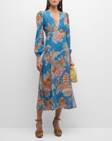 Etro V-Neck Floral-Print Long-Sleeve Slit-Hem Cady Midi Dress