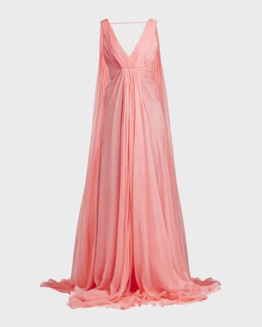 Valentino Garavani Plunging Pleated Sleeveless Silk Cape Gown