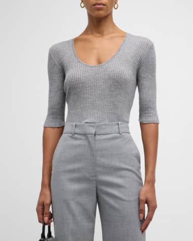 By Malene Birger Remoni Ribbed Scoop-Neck Elbow-Sleeve Sweater
