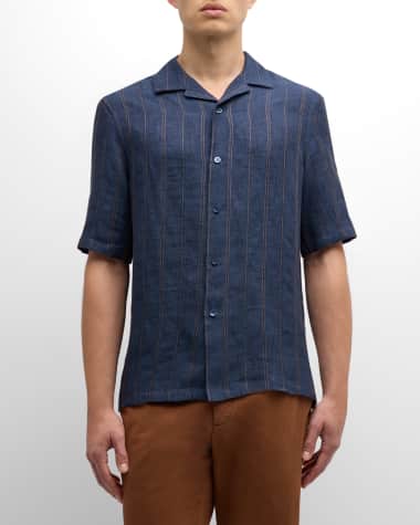 Brunello Cucinelli Men's Linen Embroidered Stripe Camp Shirt