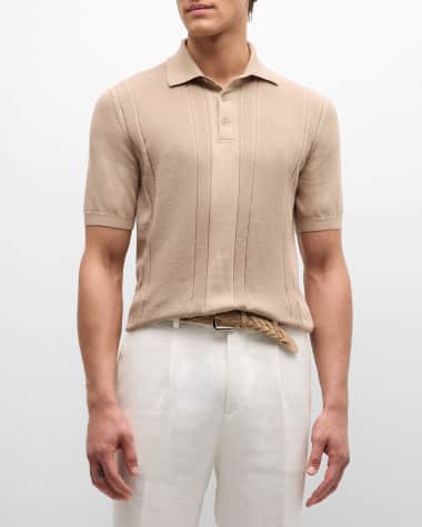 Brunello Cucinelli Men's Ribbed Cotton Dress Polo Shirt