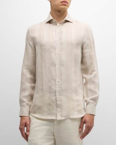Brunello Cucinelli Men's Linen Stripe Casual Button-Down Shirt
