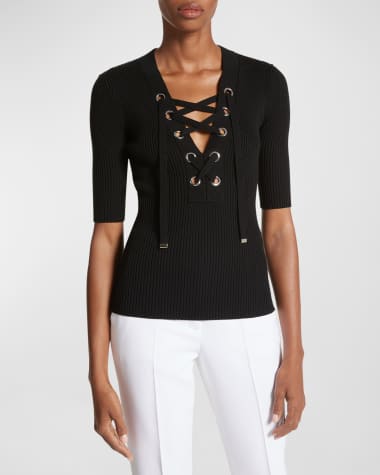 Michael Kors Collection Short-Sleeve Rib Knit Lace-Up Top