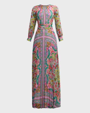 Rickie Freeman for Teri Jon Pleated Floral-Print Chiffon Gown