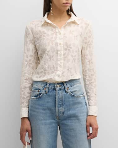 120% Lino Button-Down Floral Lace Shirt