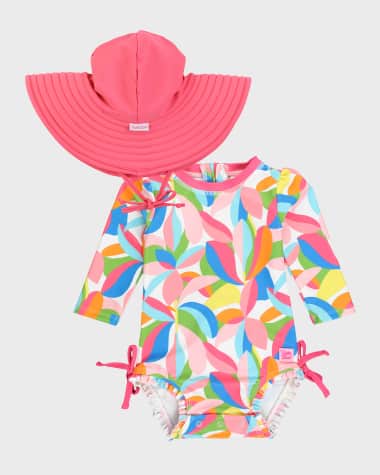 RuffleButts Girl's Tropical One-Piece Rash Guard and Hat Set, Size 0M-3T
