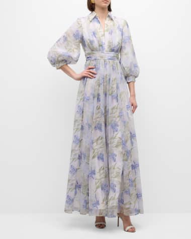 Badgley Mischka Collection Pleated Sequin-Embellished Floral-Print Gown