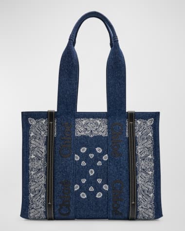 Chloe x High Summer Woody Medium Tote Bag in Bandana Embroidered Denim