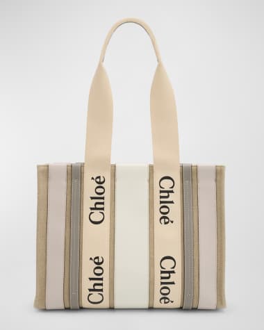 Chloe x High Summer Woody Medium Tote Bag in Striped Linen and Leather