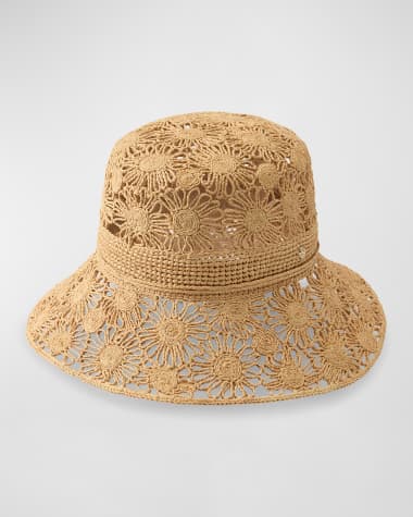 Helen Kaminski Floral Crocheted Retro Raffia Bucket Hat