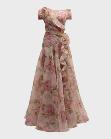 Rickie Freeman for Teri Jon Pleated Off-Shoulder Floral-Print Organza Gown