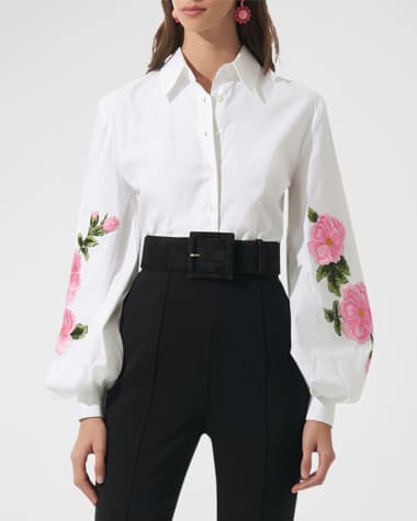 Carolina Herrera Floral Puff-Sleeve Button Down Blouse