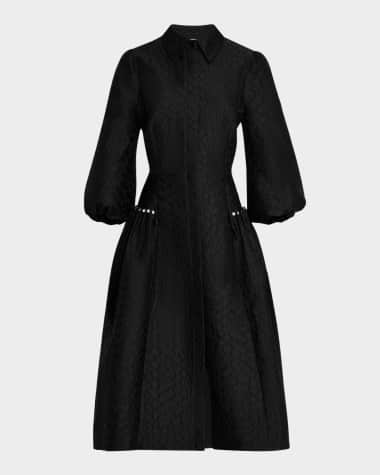Rickie Freeman for Teri Jon Pearly-Trim Jacquard Midi Shirtdress