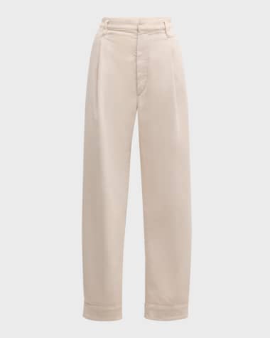 Brunello Cucinelli Pleated Straight-Leg Ankle Cotton Pants With Monili Belt Loop