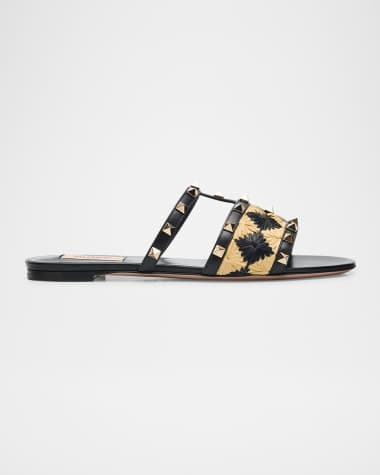Valentino Garavani Rockstud Raffia Flat Slide Sandals