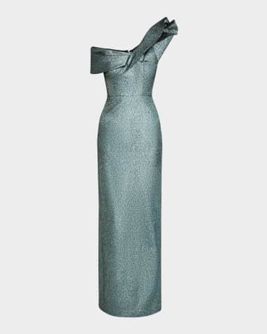 Rickie Freeman for Teri Jon One-Shoulder Metallic Jacquard Column Gown