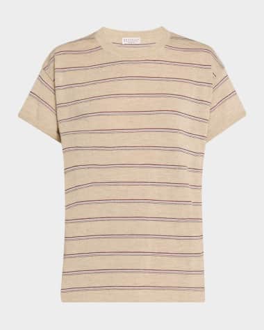 Brunello Cucinelli Metallic Striped Linen Knit T-Shirt