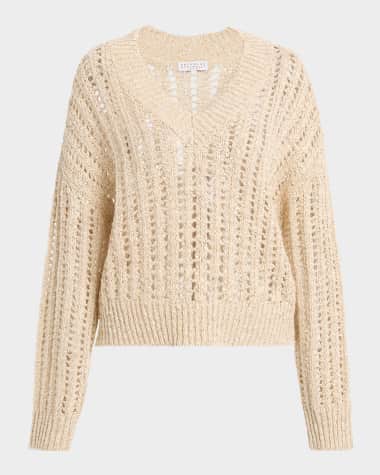 Brunello Cucinelli V-Neck Paillette Open-Weave Knit Sweater