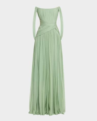 Pamella Roland Crystal Drape Sage Chiffon Slit Gown