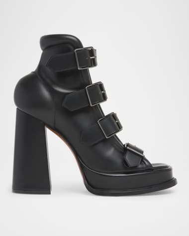 McQueen Buckle Leather Peep-Toe Sandals