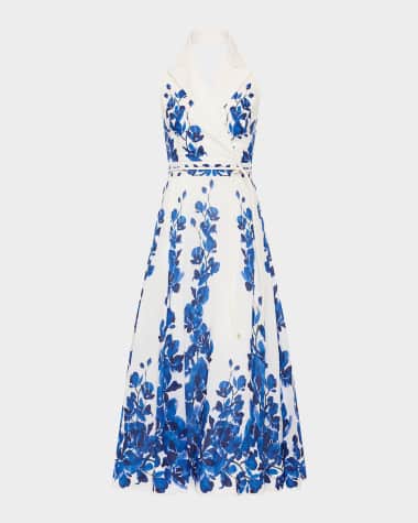 REBECCA VALLANCE Orchid Blues Pleated Floral-Print Midi Dress