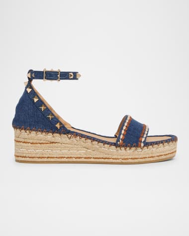 Valentino Garavani Rockstud Denim Wedge Espadrille Sandals
