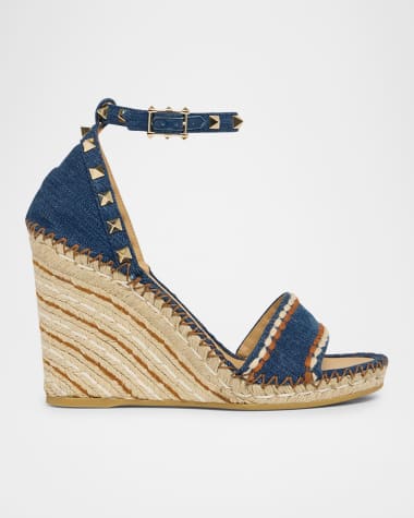 Valentino Garavani Rockstud Denim Wedge Espadrille Sandals