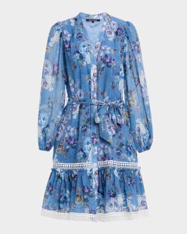 Kobi Halperin Elisa Long-Sleeve Floral Lace-Trim Dress