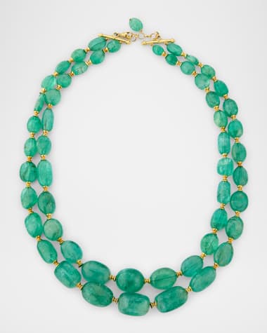 Goshwara G One 18K Yellow Gold 2 Strand Emerald Tumbled Bead Necklace with Hourglass Rondelles