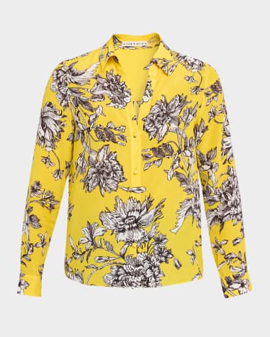 Alice + Olivia Eloise Blooming Wild Golden Button-Front Silk Blouse