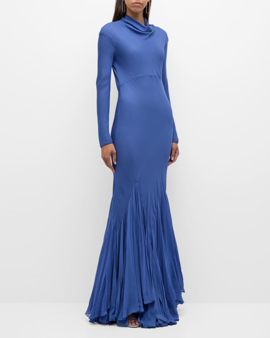 Khaite Metin Cowl-Neck Long-Sleeve Pleated Mermaid Gown | Neiman Marcus