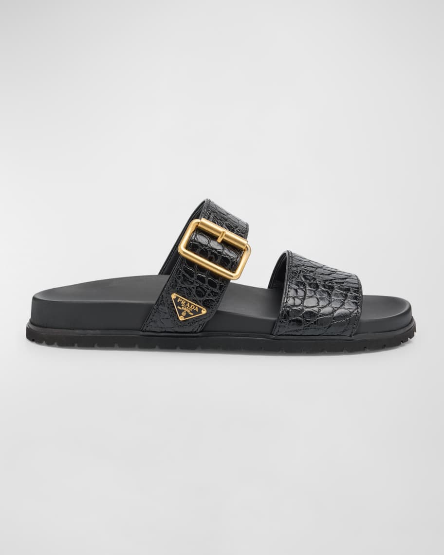 Prada Croco Buckle Dual Band Comfort Sandals Neiman Marcus