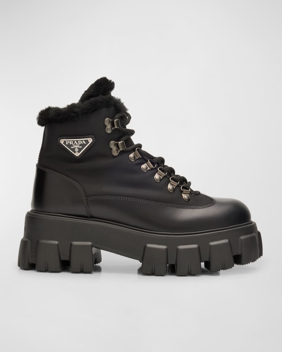 Prada Monolith Nylon Shearling Hiker Boots | Neiman Marcus