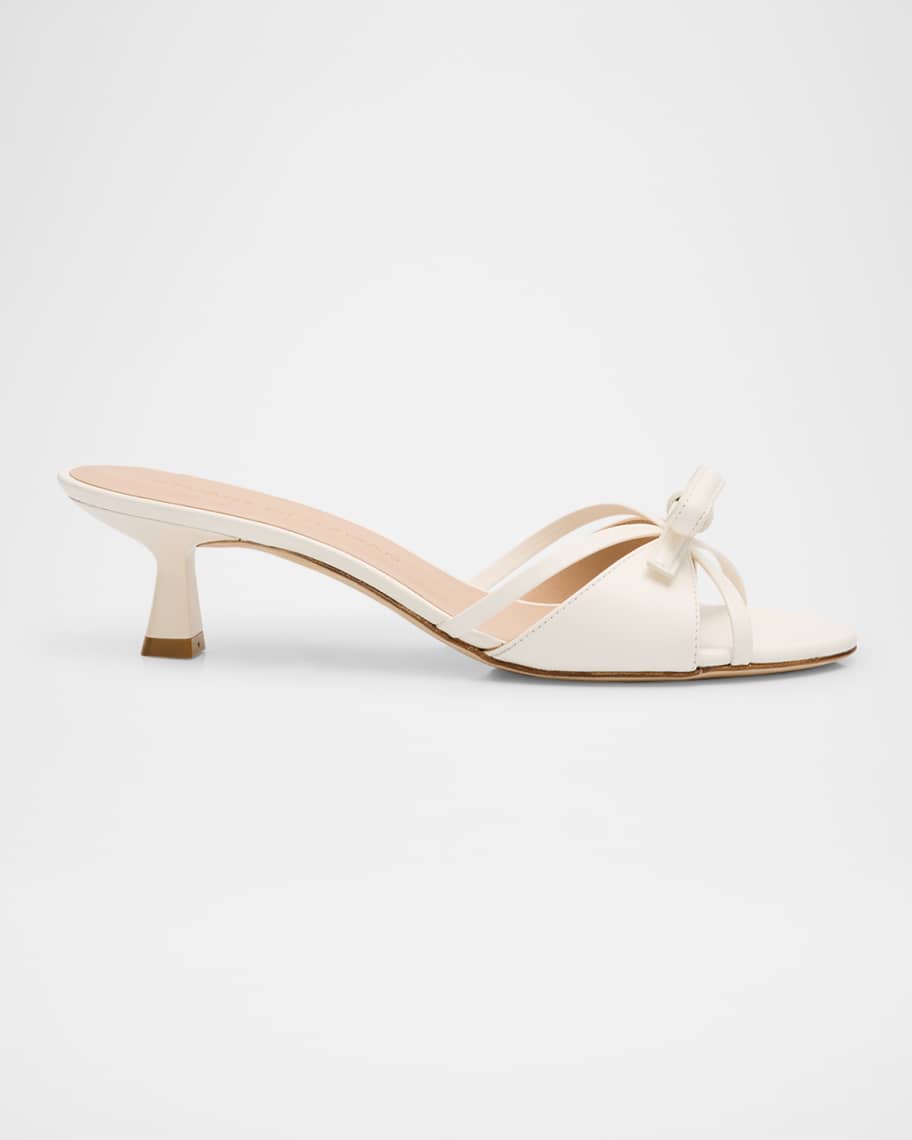 Stuart Weitzman Felicity Leather Bow Kitten-Heel Mules