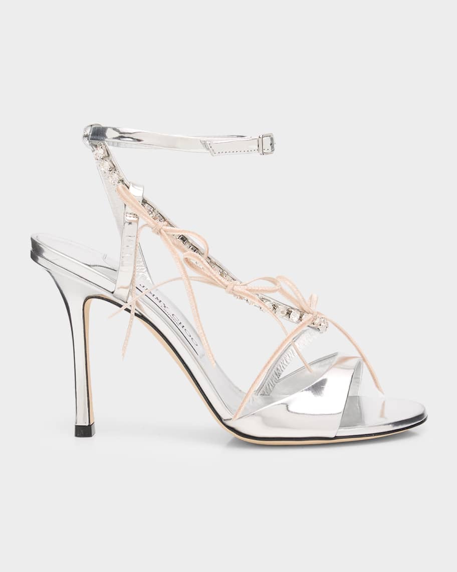 Jimmy Choo 100mm Lula Metallic Leather Sandals with Crystal Bows