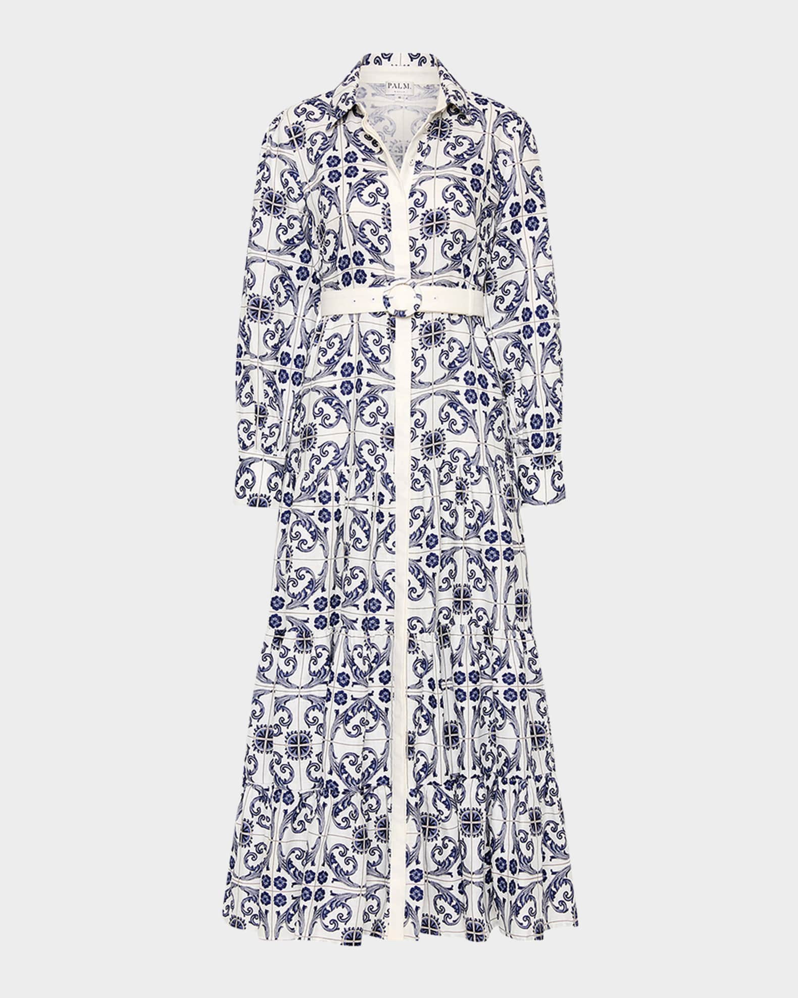 Aria Tiered Tile-Print Maxi Shirtdress 0