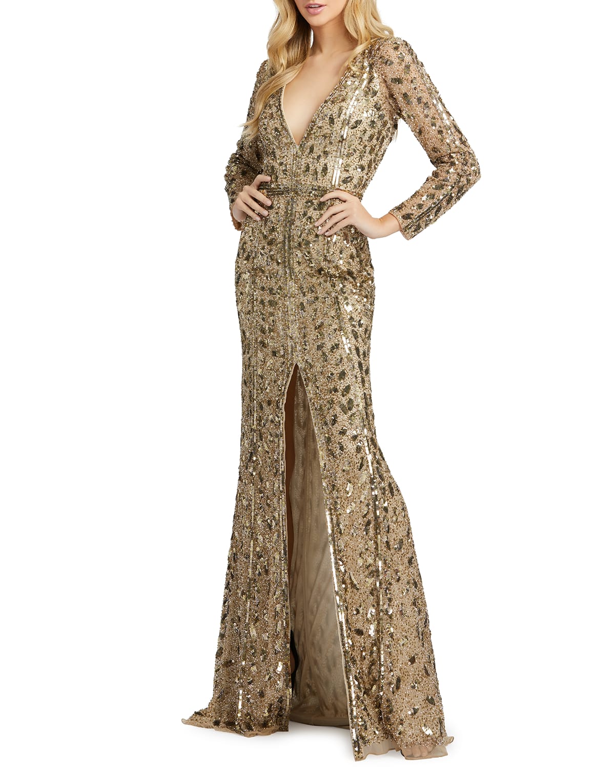 Gold Long Sleeves Gown Neiman Marcus