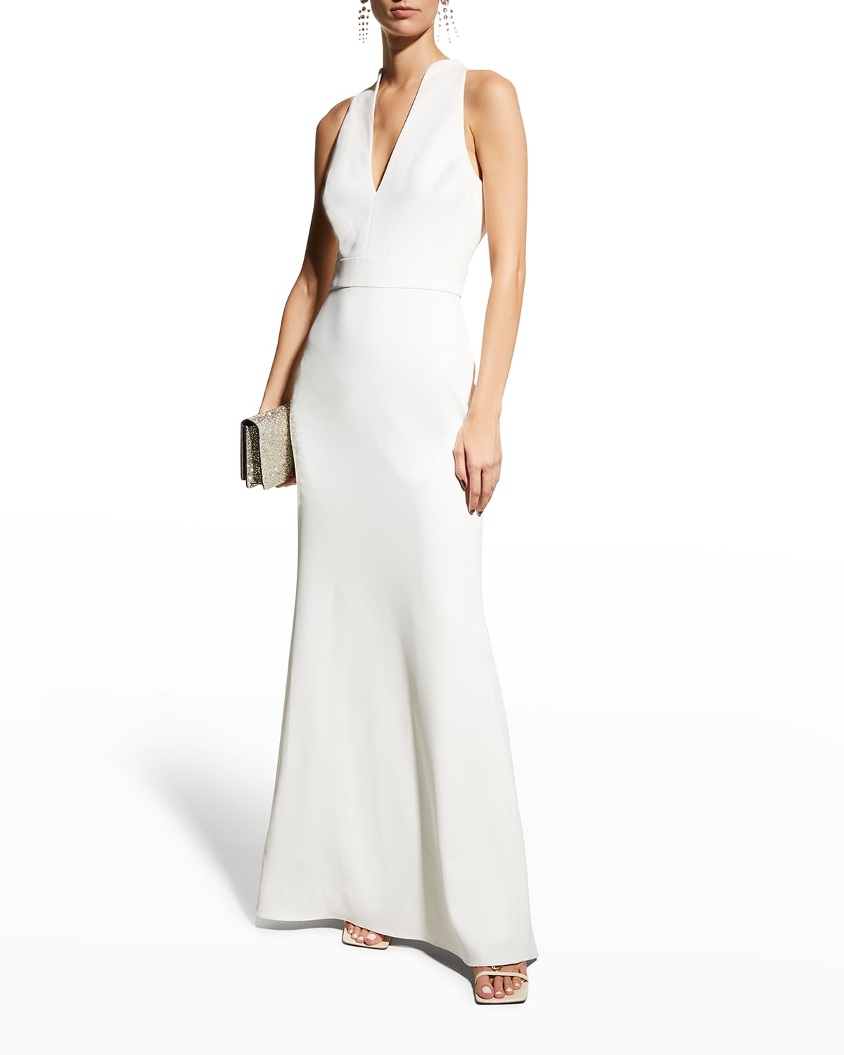 Badgley Mischka Collection Shirt Halter Gown with Embellished Back ...