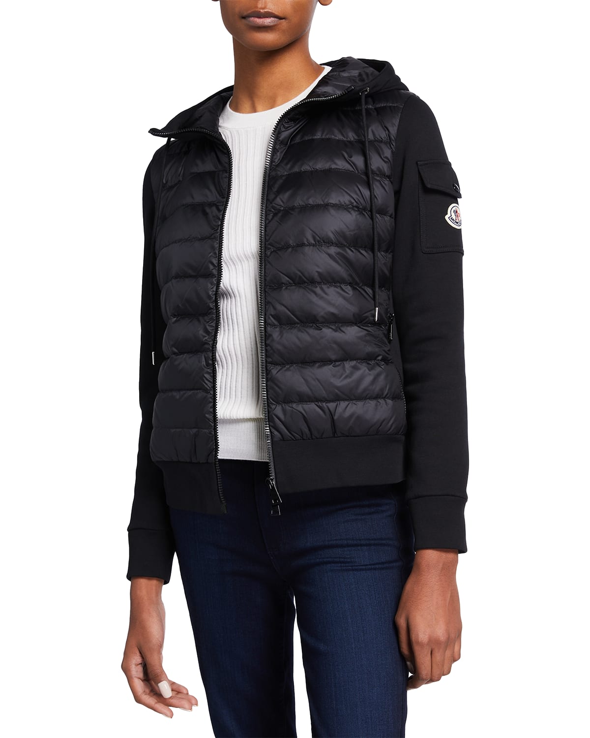 Moncler Long Knit-Sleeve Down Combo Jacket | Neiman Marcus