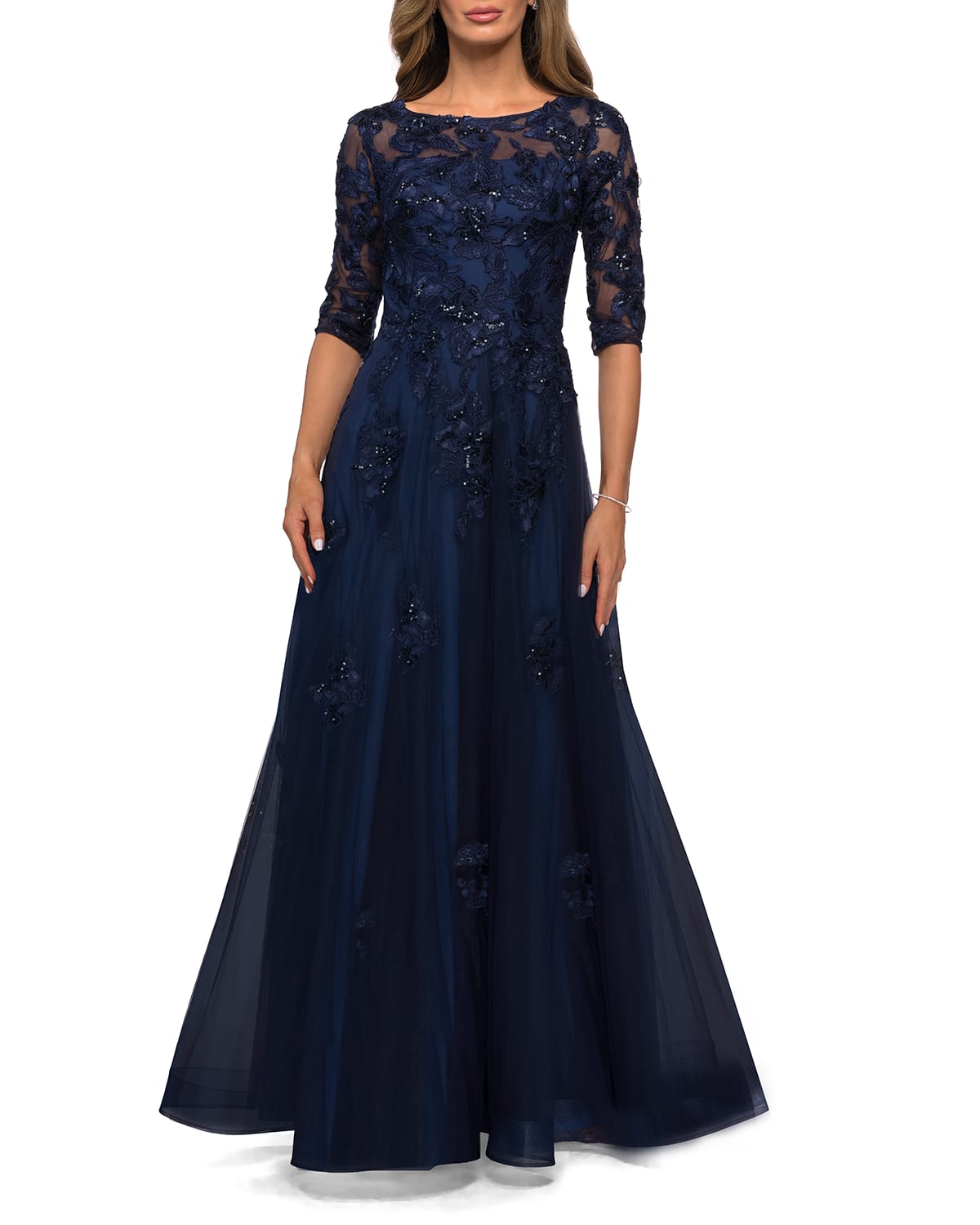 la femme beaded lace ruched gown