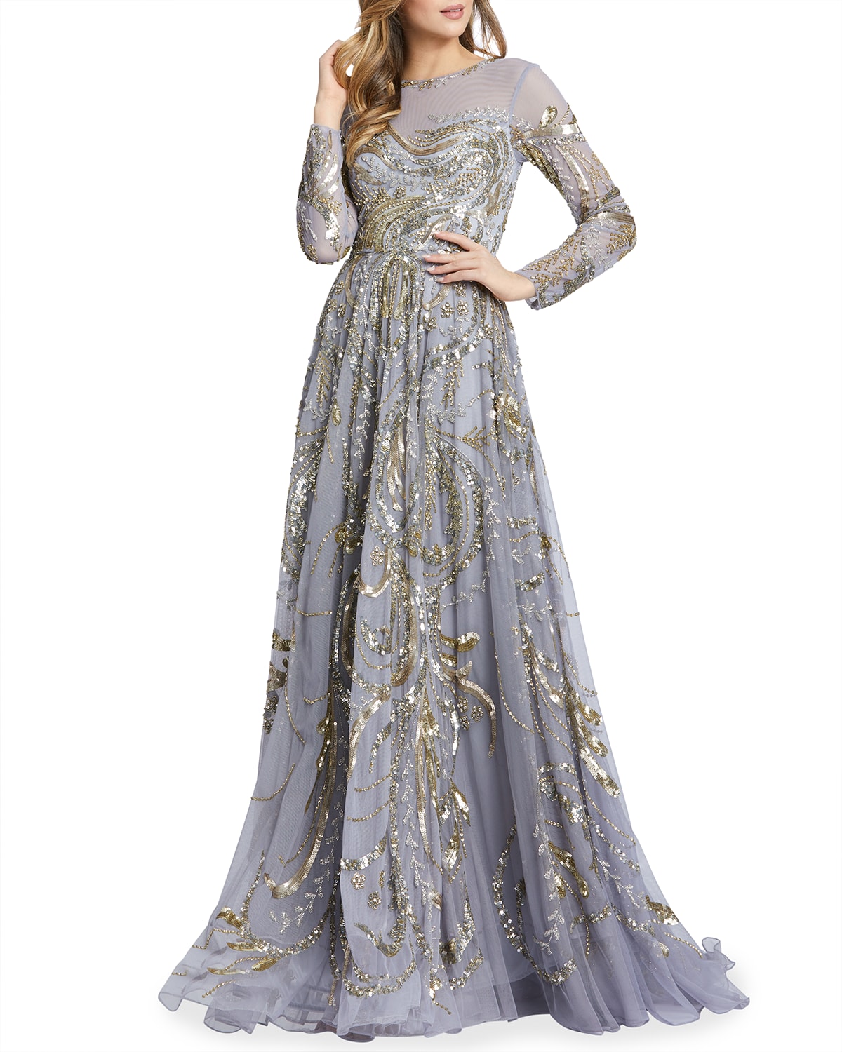 Mac Duggal Embroidered Long Sleeve Illusion Column Gown W Overskirt