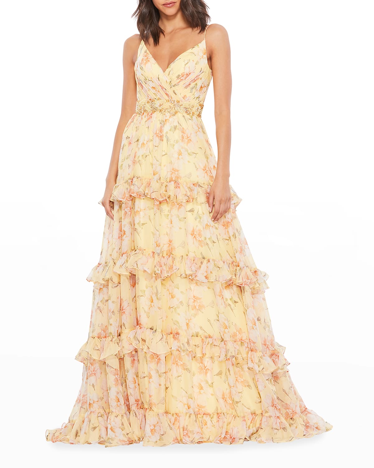 plunge neck ruffle tiered gown mac duggal