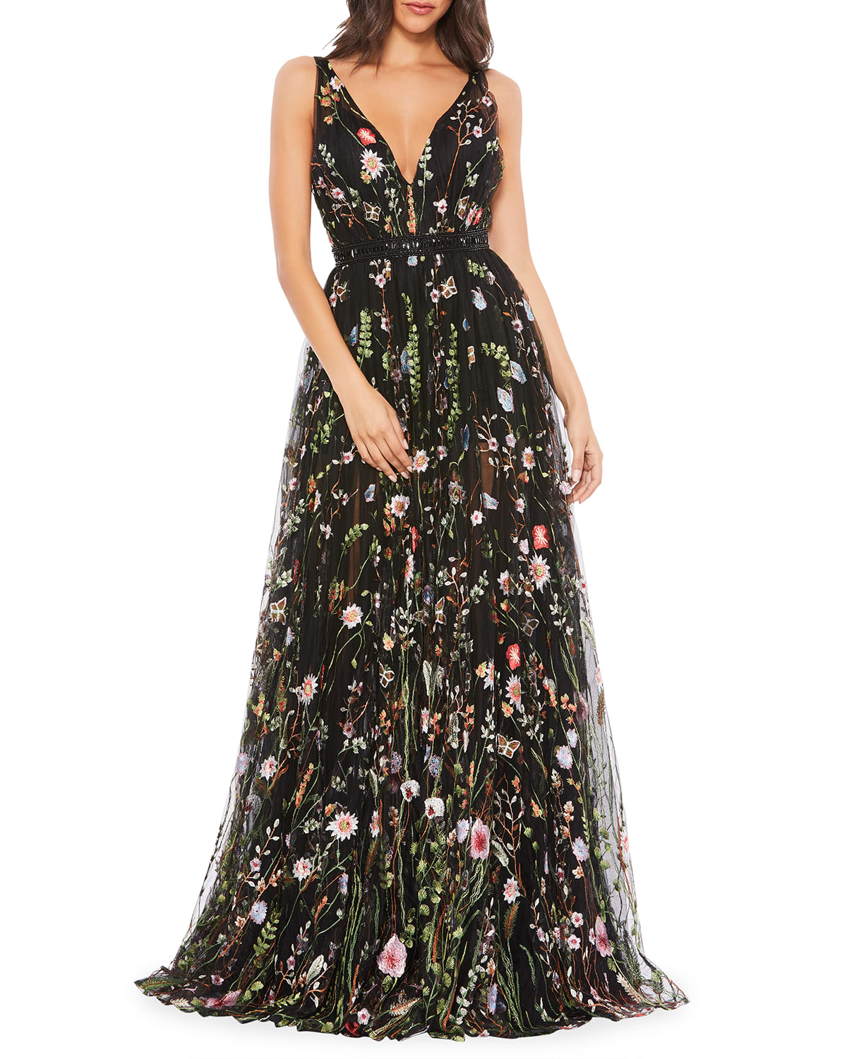 Mac Duggal Floral Embellished One-Shoulder Illusion Sleeve Tulle Gown