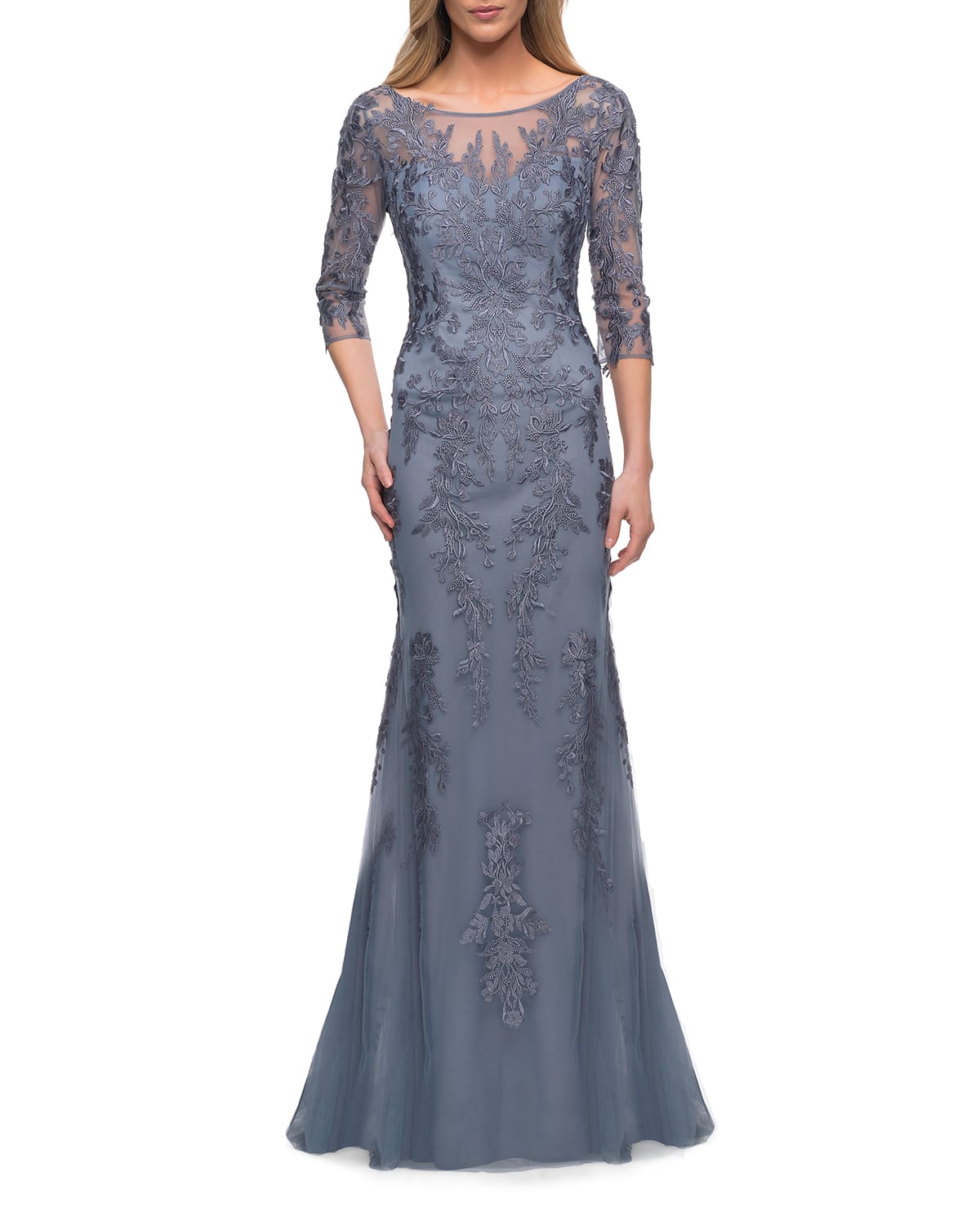 La Femme Beaded Lace-Bodice Cap-Sleeve Trumpet Gown | Neiman Marcus